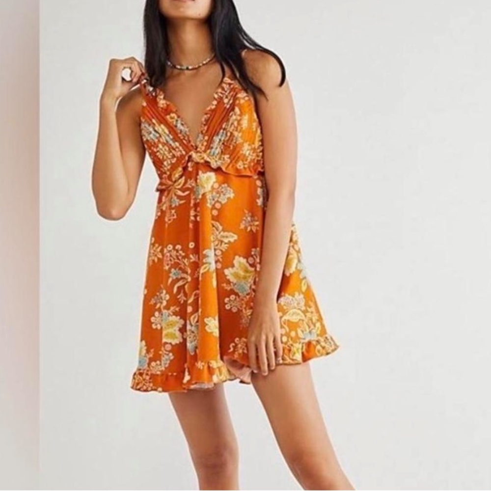 Free People Cord Looking Glass Mini Dress Orange Floral Ruffle Sleeveless NWT-M